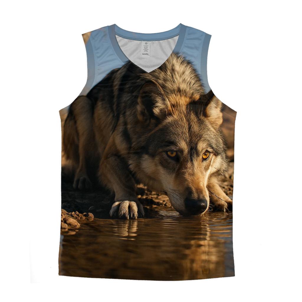 Mexican Gray Wolf Drinking At A Desert Borderland River Bend graphic print tank tops