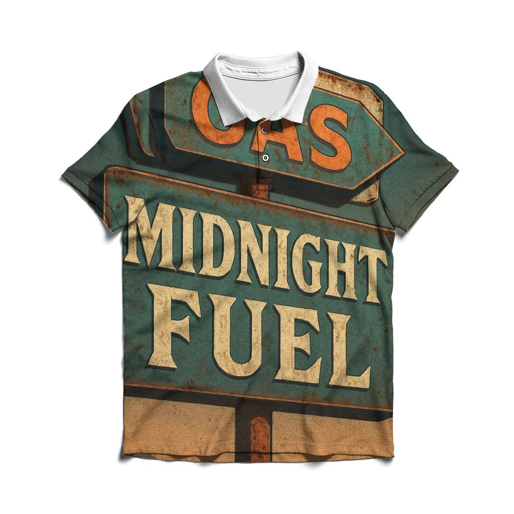 Weathered 1970s Gas Station Moonrise Sign premium cotton polo shirts