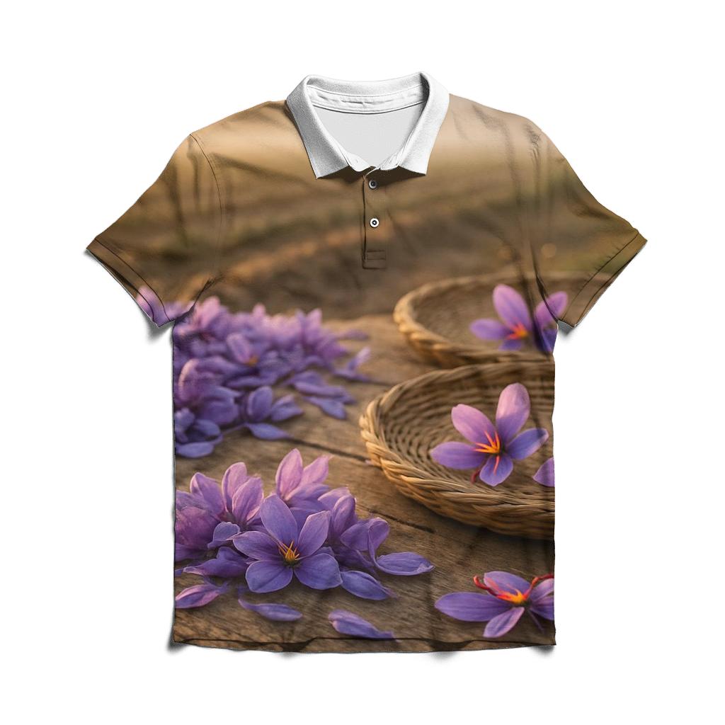 Saffron Crocus Harvest Trays In Autumn Field personalized polo shirts