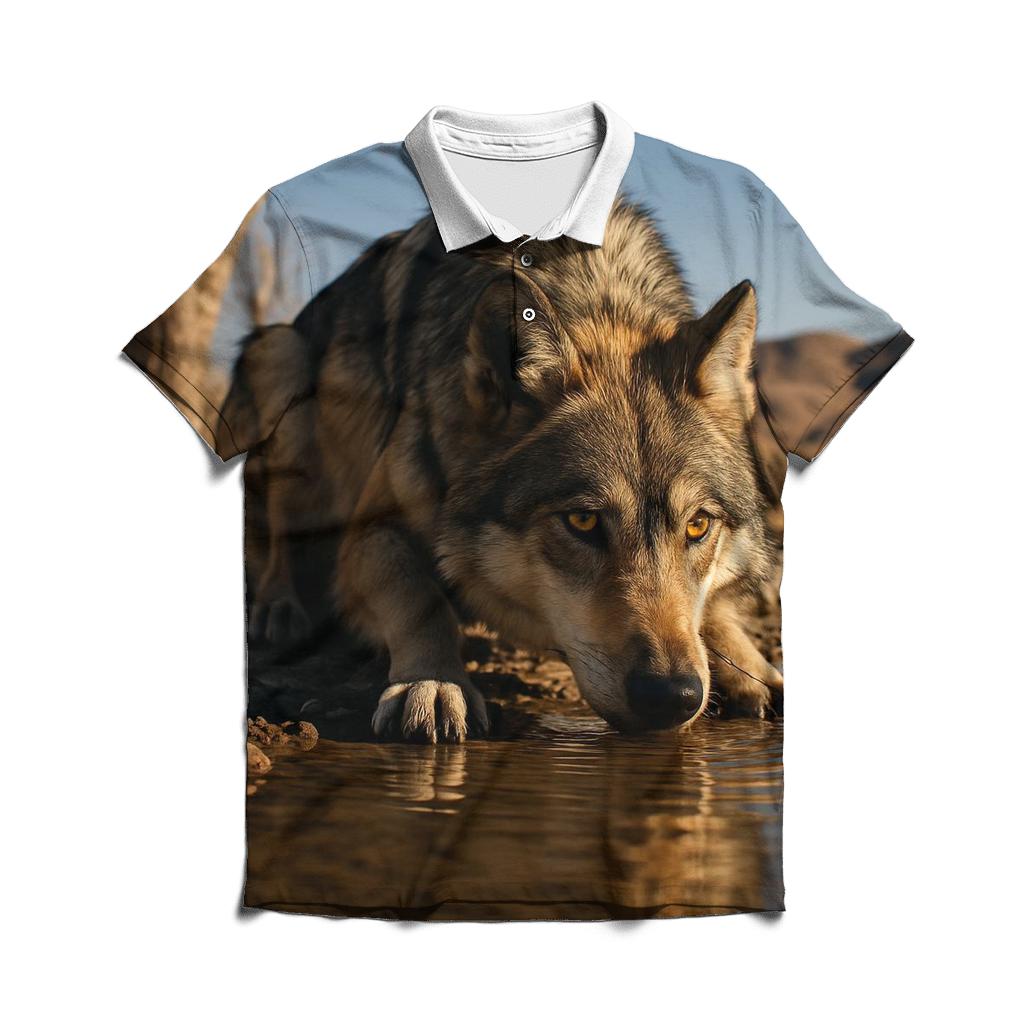 Mexican Gray Wolf Drinking At A Desert Borderland River Bend custom polo shirts