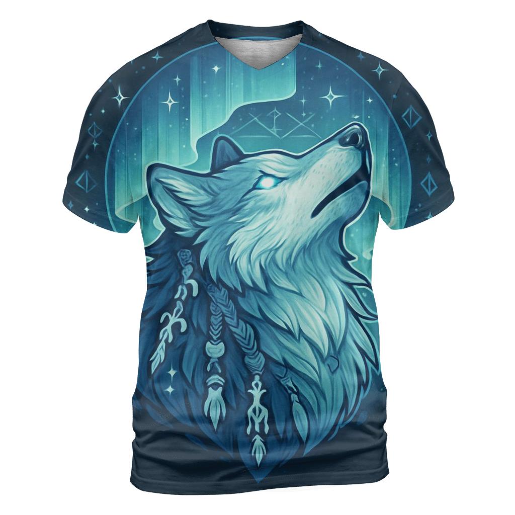 Aurora Bone Shaman Wolf vibrant all-over design tees