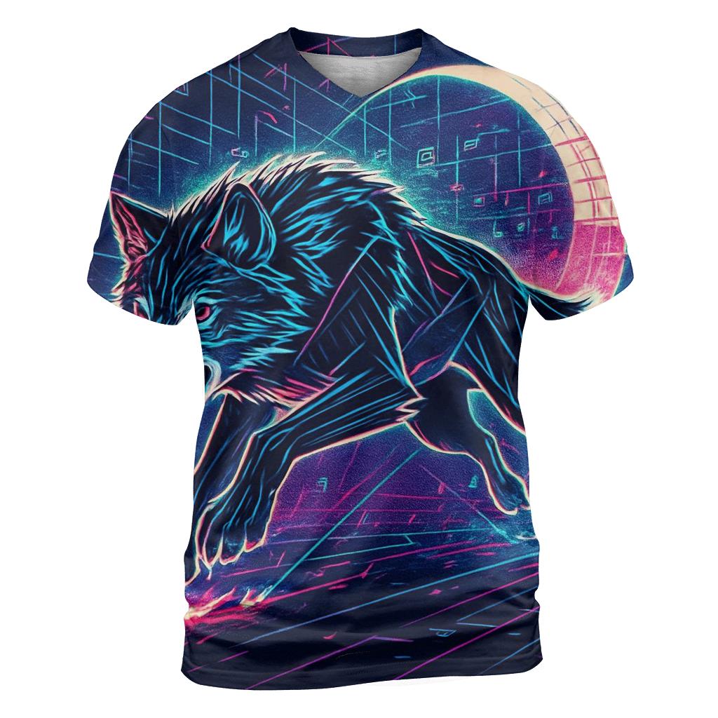 Neon Circuit Moonrunner Wolf creative print fashion shirts