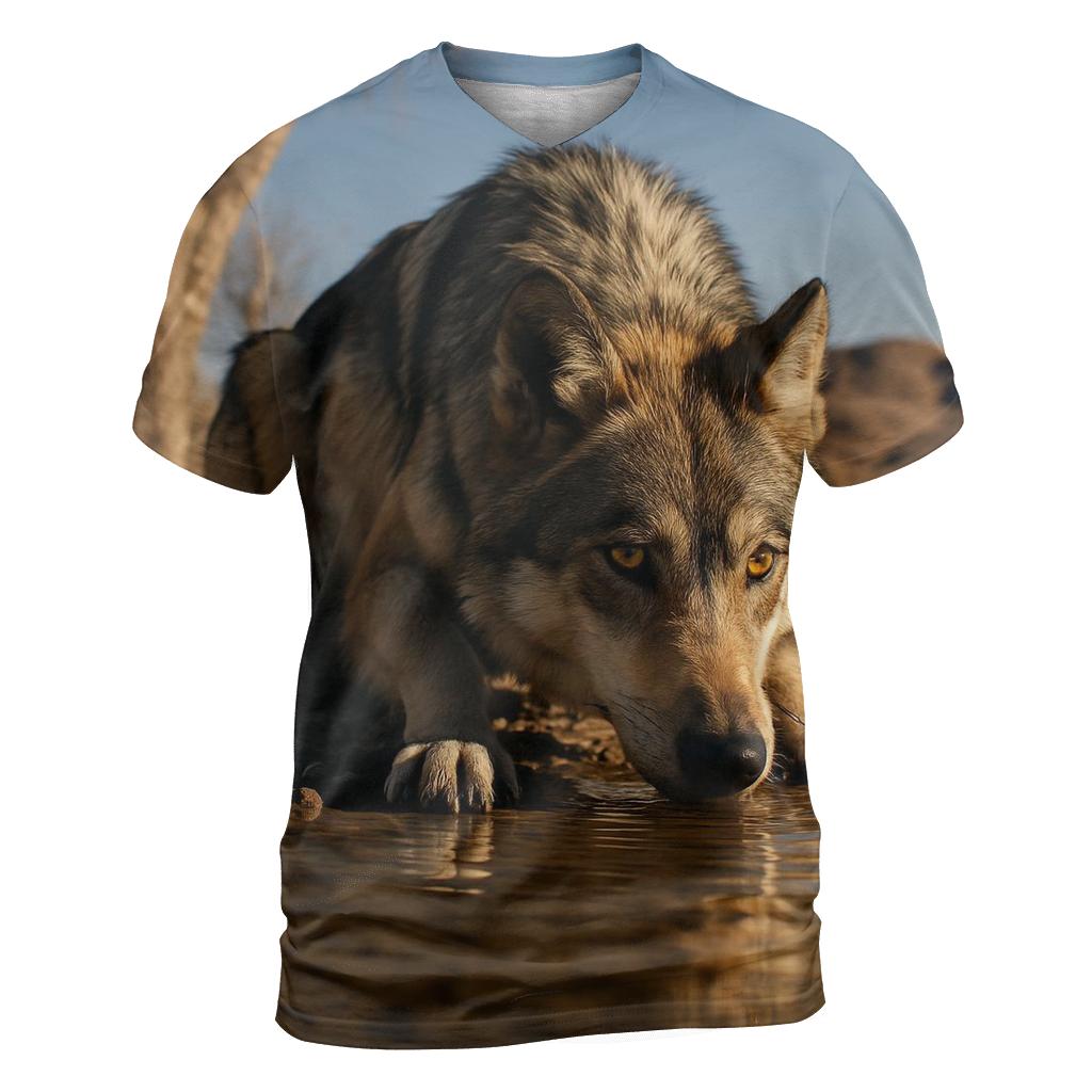 Mexican Gray Wolf Drinking At A Desert Borderland River Bend trendy printed shirt styles