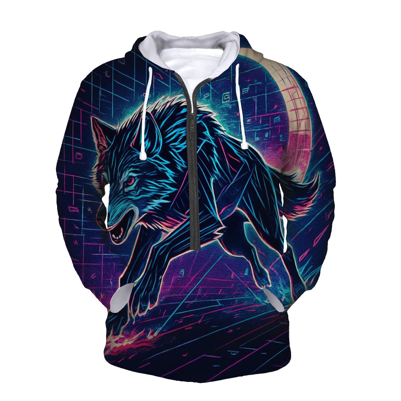 Neon Circuit Moonrunner Wolf graphic hoodies