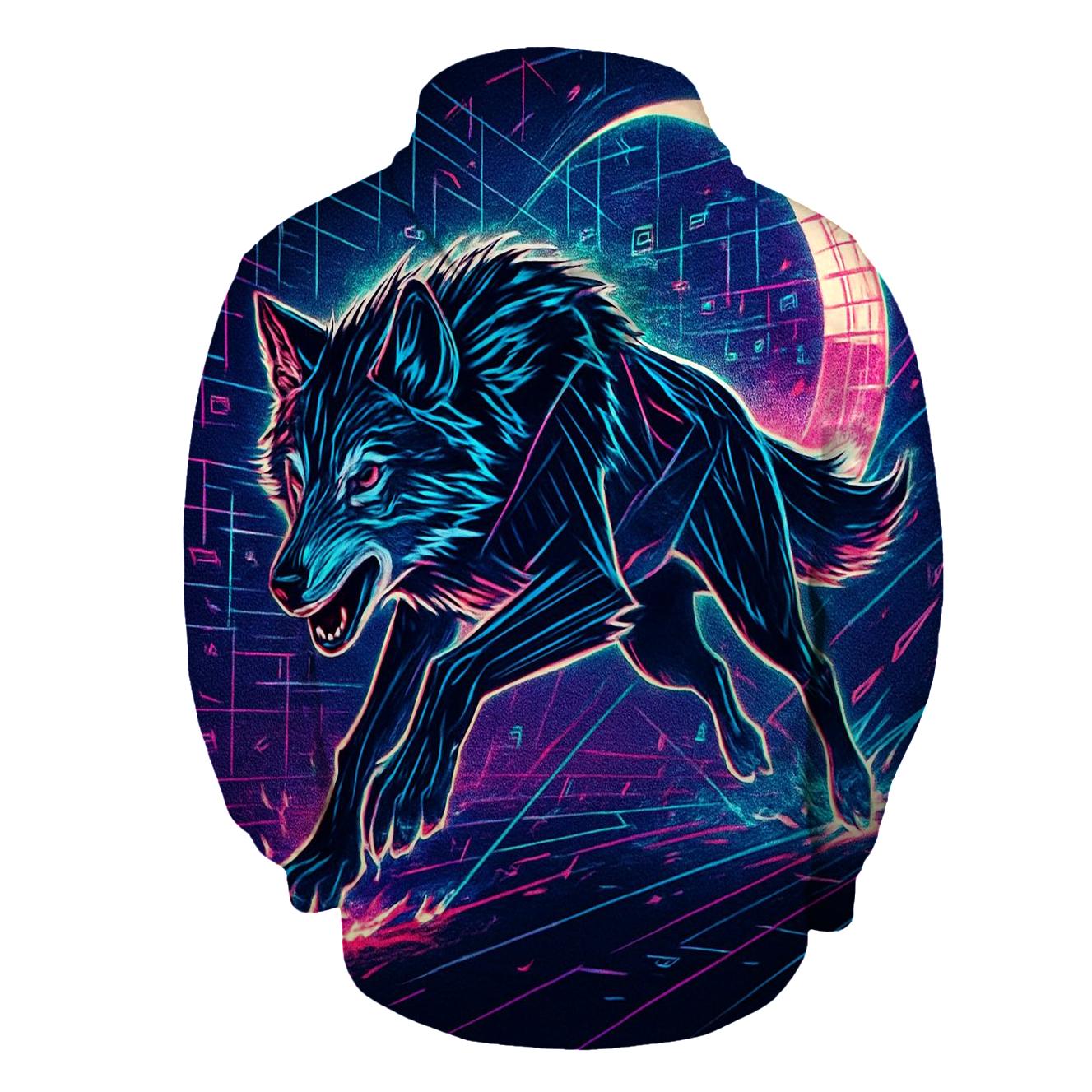 Neon Circuit Moonrunner Wolf graphic hoodies