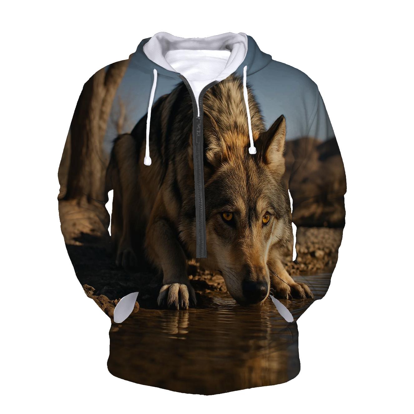 Mexican Gray Wolf Drinking At A Desert Borderland River Bend zip-up hoodies