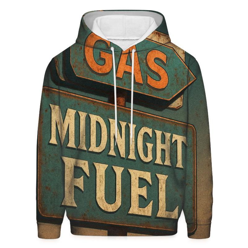 Weathered 1970s Gas Station Moonrise Sign graphic hoodies