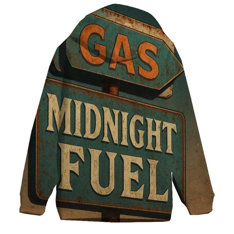 Weathered 1970s Gas Station Moonrise Sign graphic hoodies