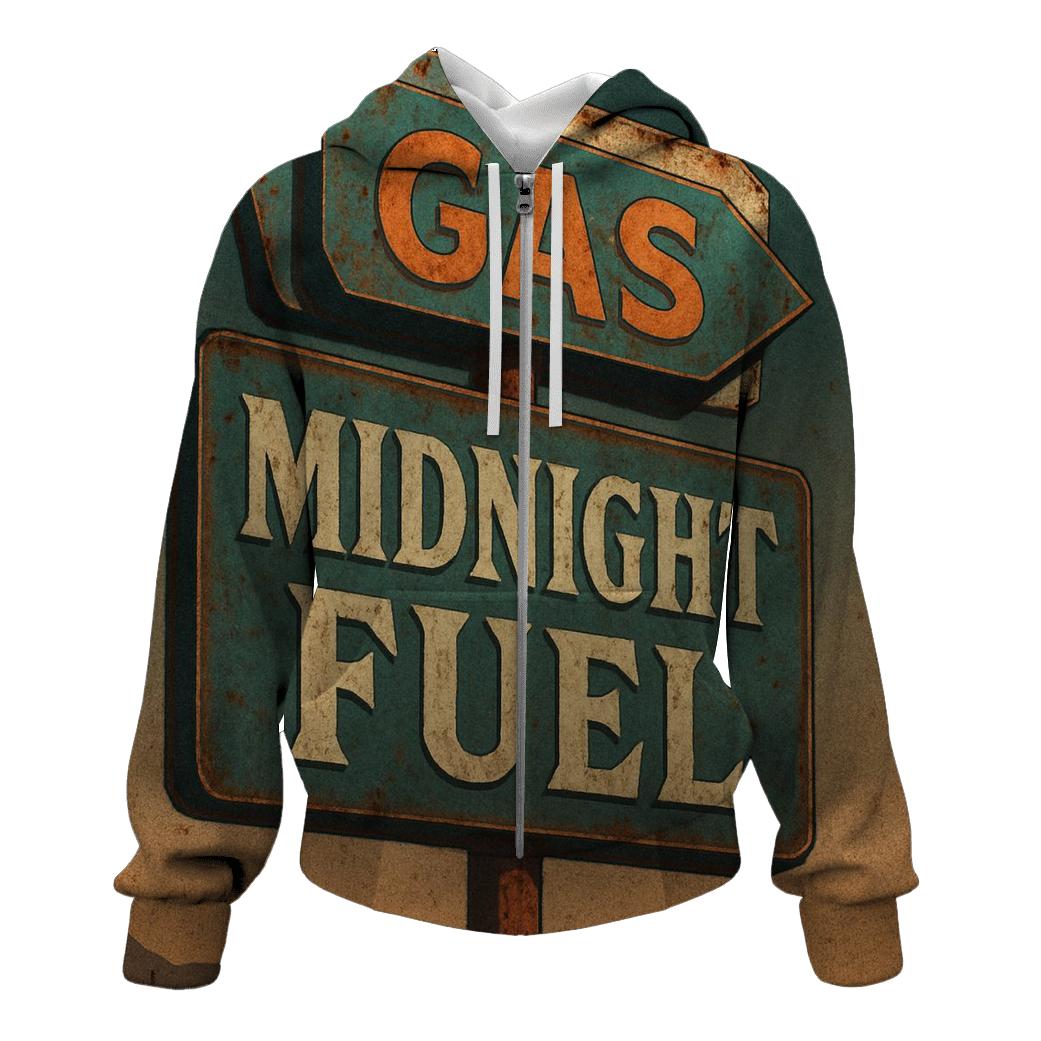 Weathered 1970s Gas Station Moonrise Sign hoodie trends