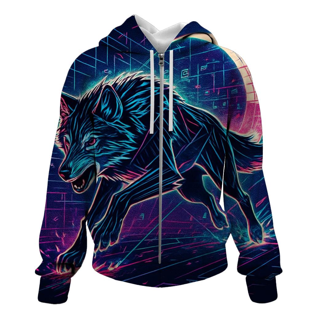 Neon Circuit Moonrunner Wolf graphic hoodies