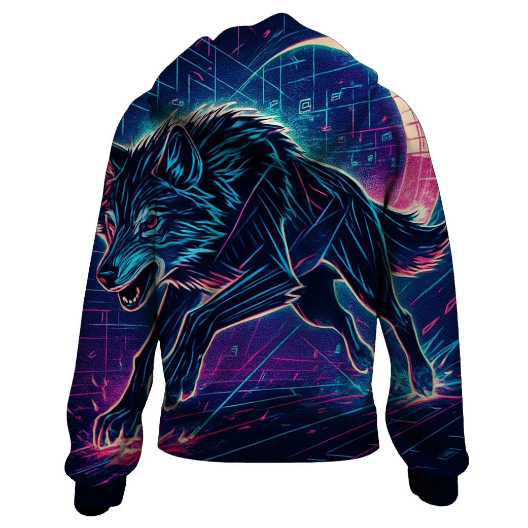 Neon Circuit Moonrunner Wolf graphic hoodies