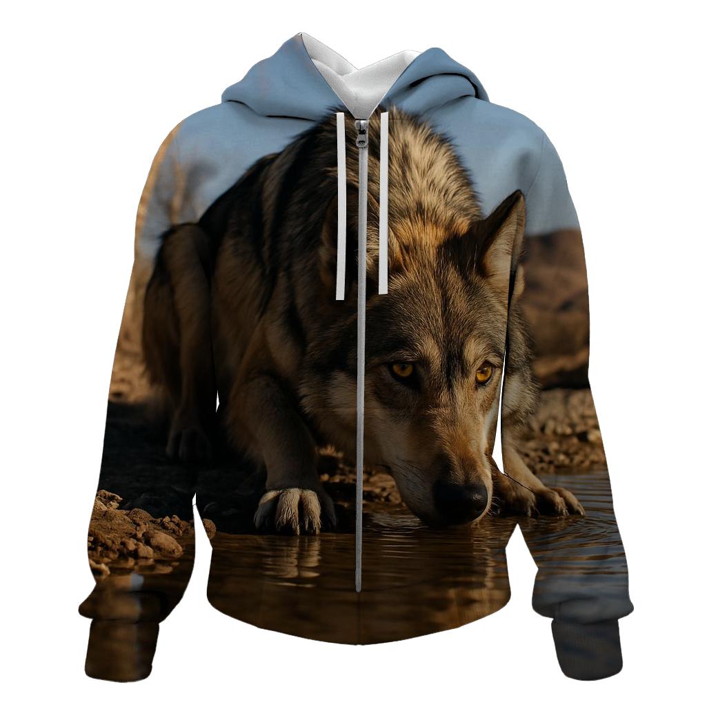 Mexican Gray Wolf Drinking At A Desert Borderland River Bend designer hoodies