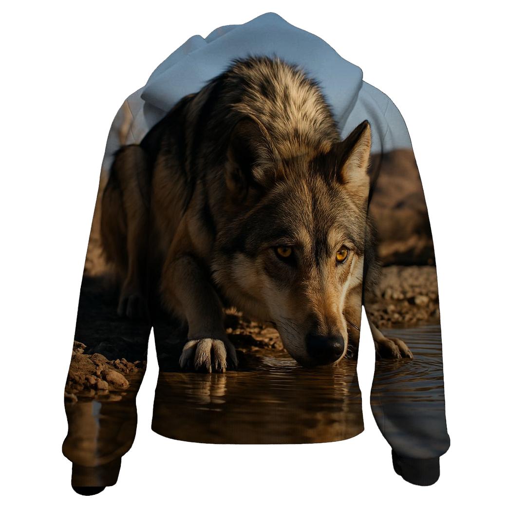 Mexican Gray Wolf Drinking At A Desert Borderland River Bend designer hoodies