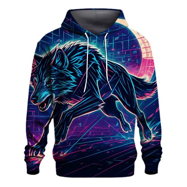 Neon Circuit Moonrunner Wolf embroidered hoodies
