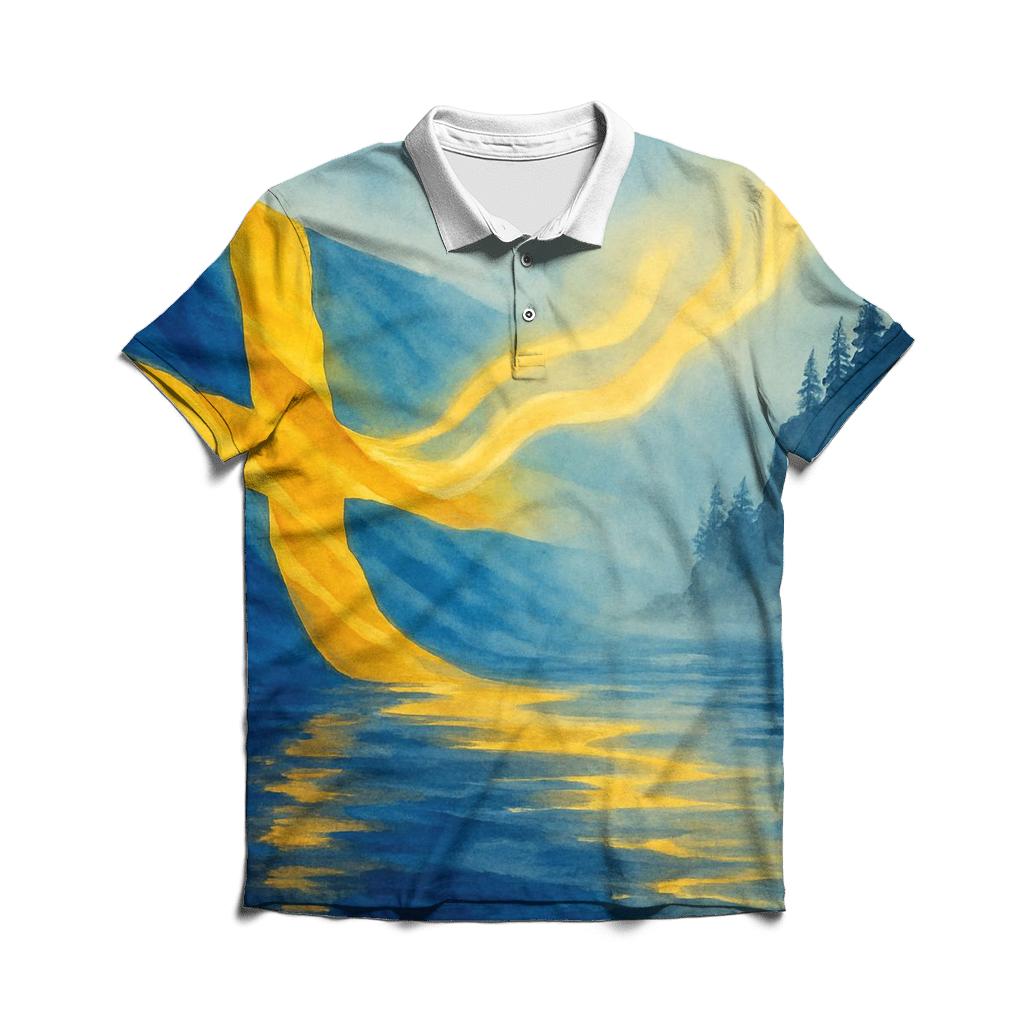 Sweden Aurora Watercolor Fjord Banner premium cotton polo shirts