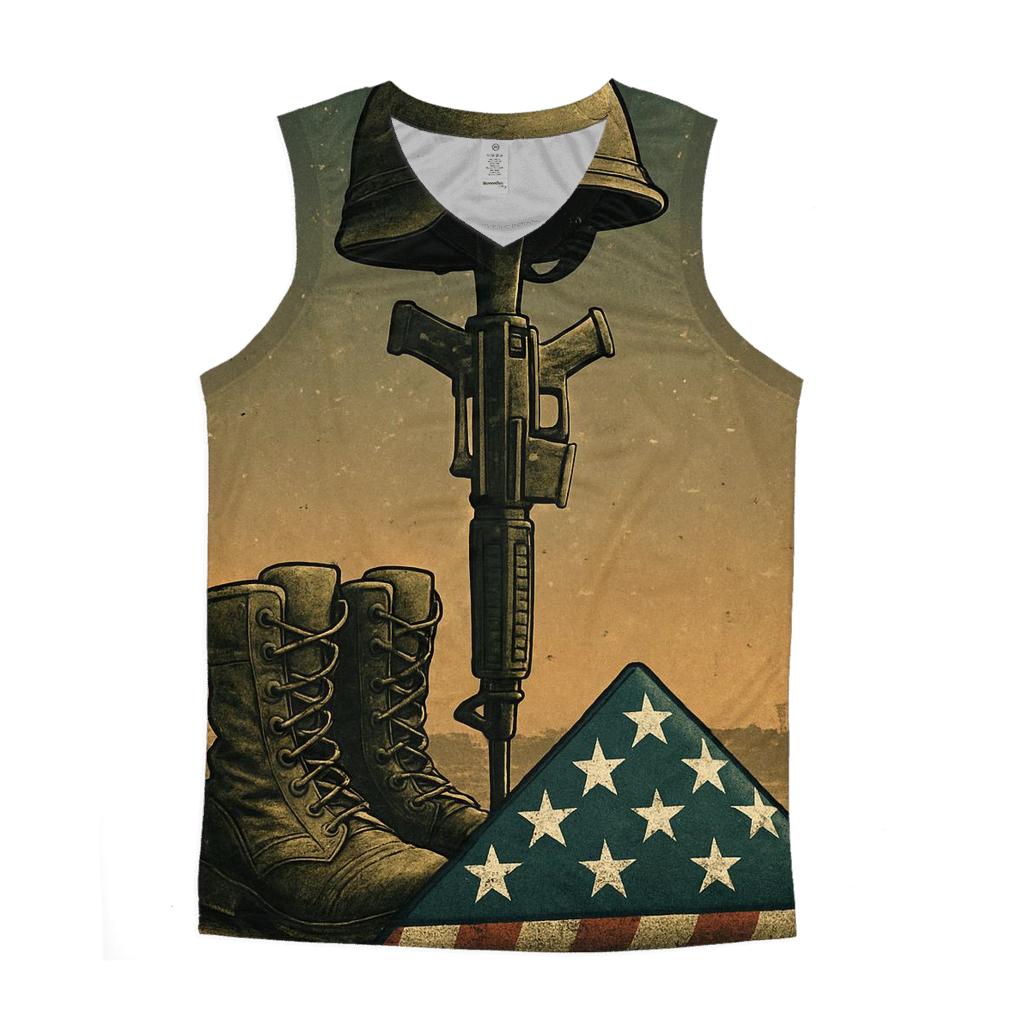 Fallen Boots Beneath A Starfield Banner sports performance tank tops
