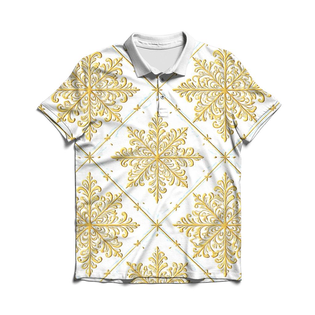 Golden Snowflake Lattice On White Background casual sports polo shirts