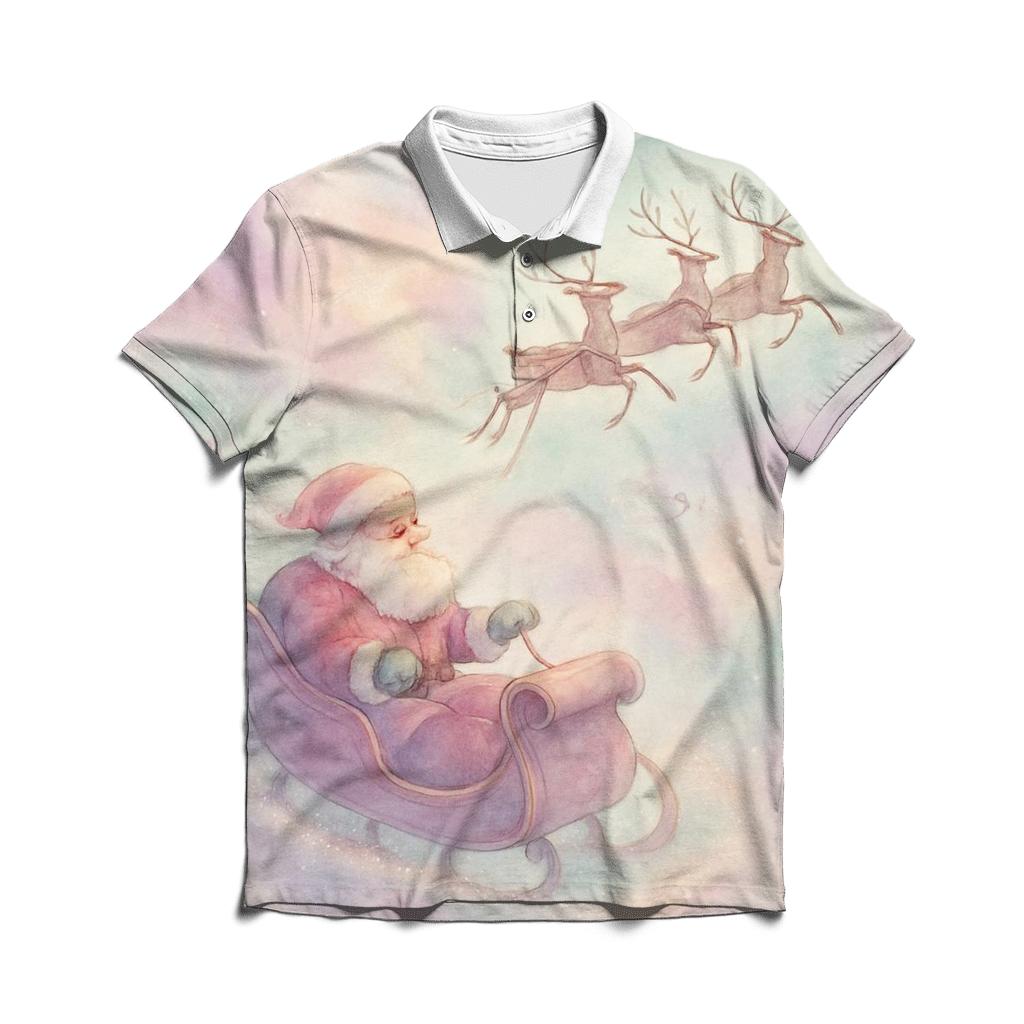 Dreamy Watercolor Sleigh Through Candy Cloud Skies premium cotton polo shirts