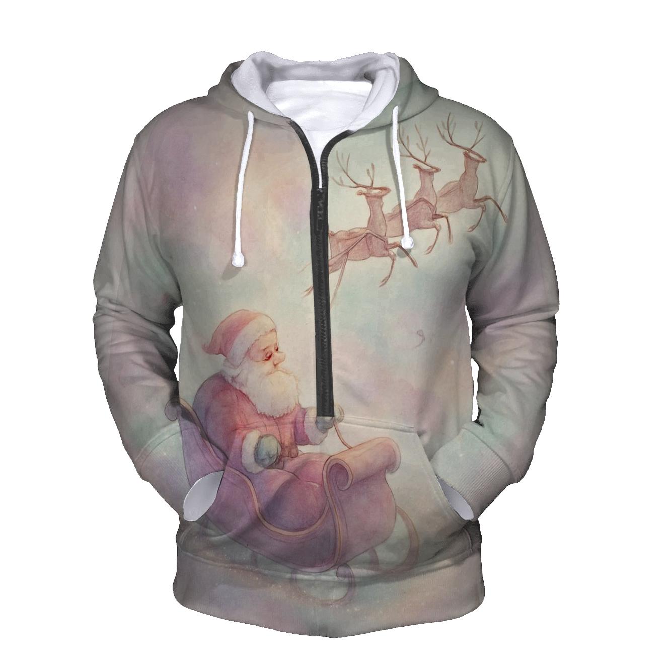 Dreamy Watercolor Sleigh Through Candy Cloud Skies designer hoodies