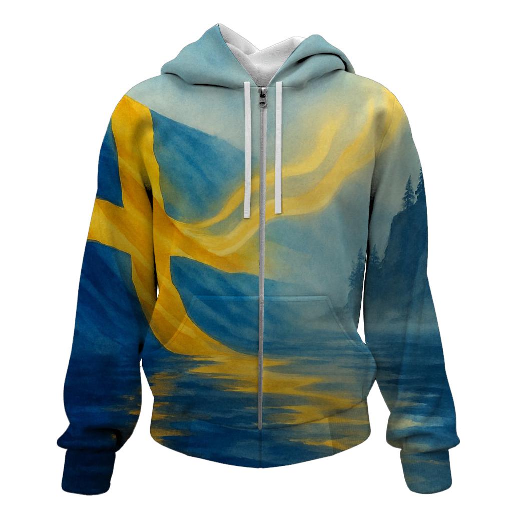 Sweden Aurora Watercolor Fjord Banner zip-up hoodies