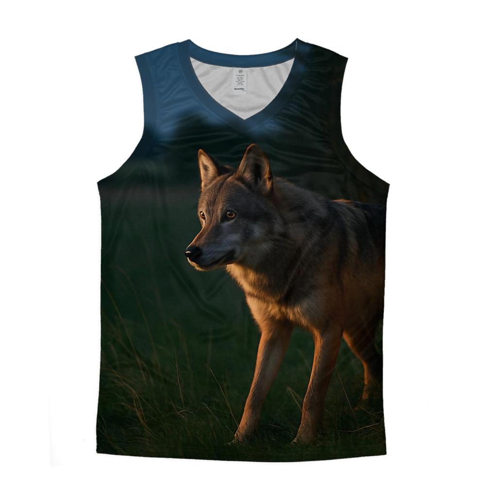 Wolf At The Edge Of Rewilded Farmland At Night graphic print tank tops