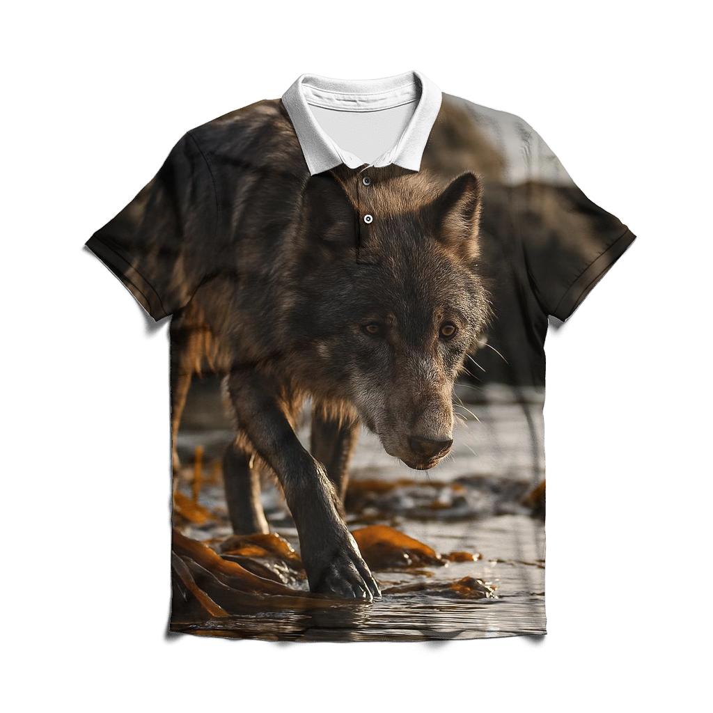 Coastal Wolf Foraging Among Kelp And Tide Pools premium cotton polo shirts