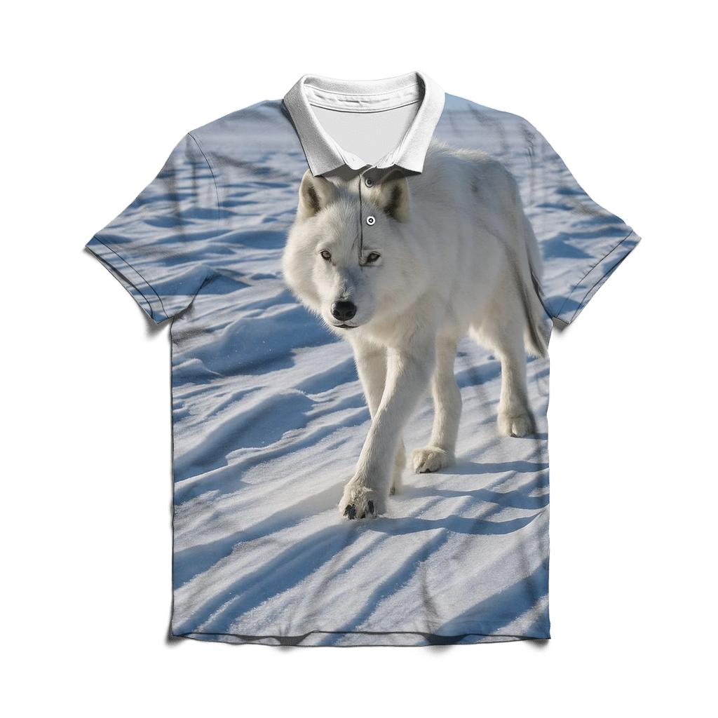 Arctic Wolf Crossing A Wind Carved Sastrugi Field custom polo shirts