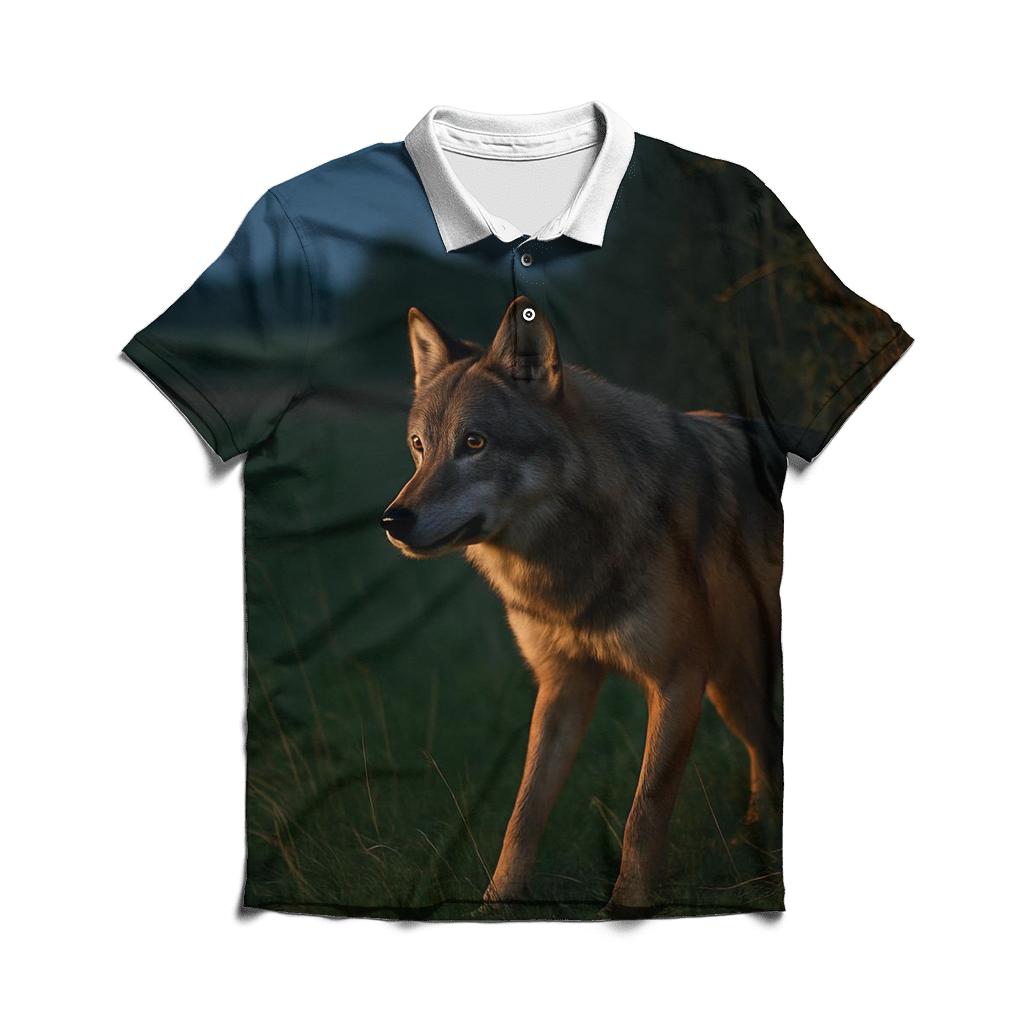 Wolf At The Edge Of Rewilded Farmland At Night embroidered polo tops
