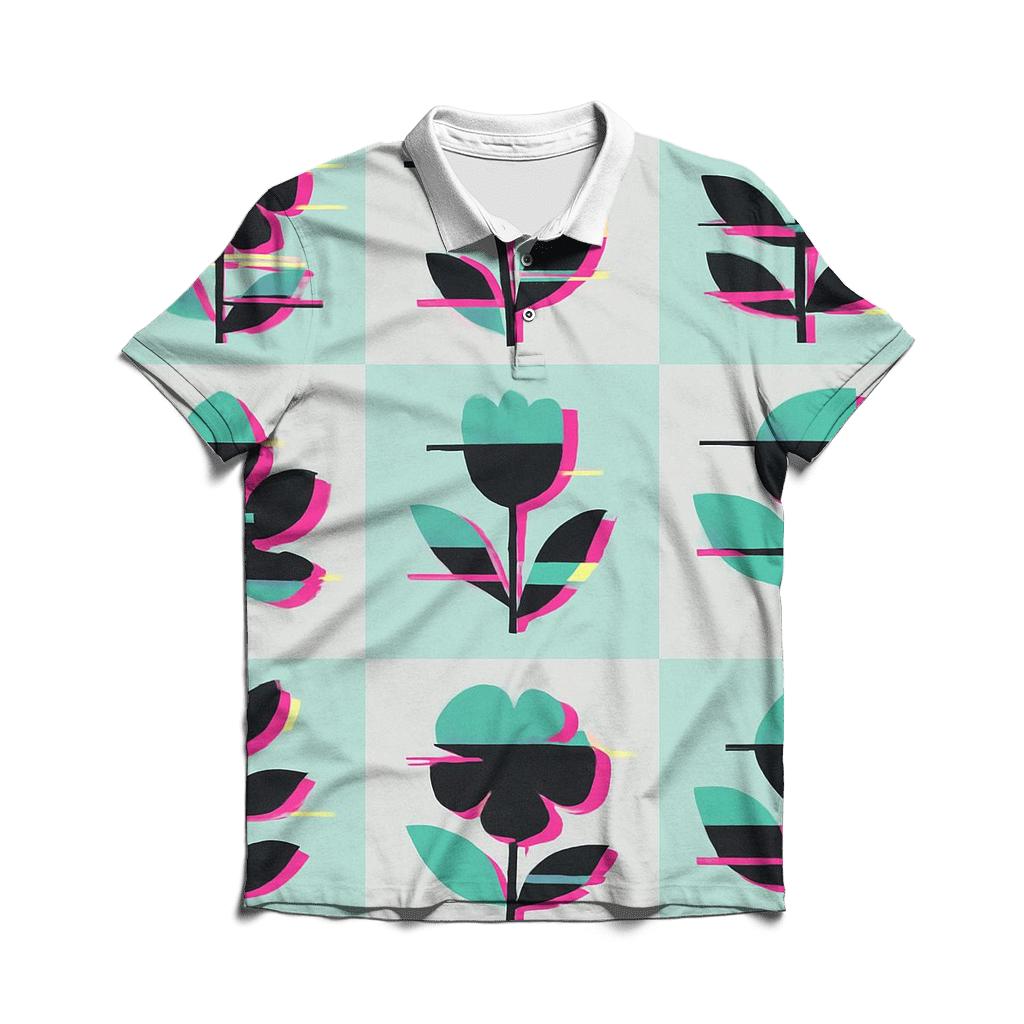Retro Glitch Botanical Grid custom polo shirts