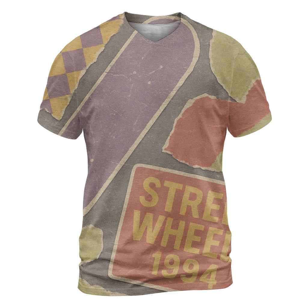 Distressed 1990s Skate Shop Sticker Collage statement graphic shirts