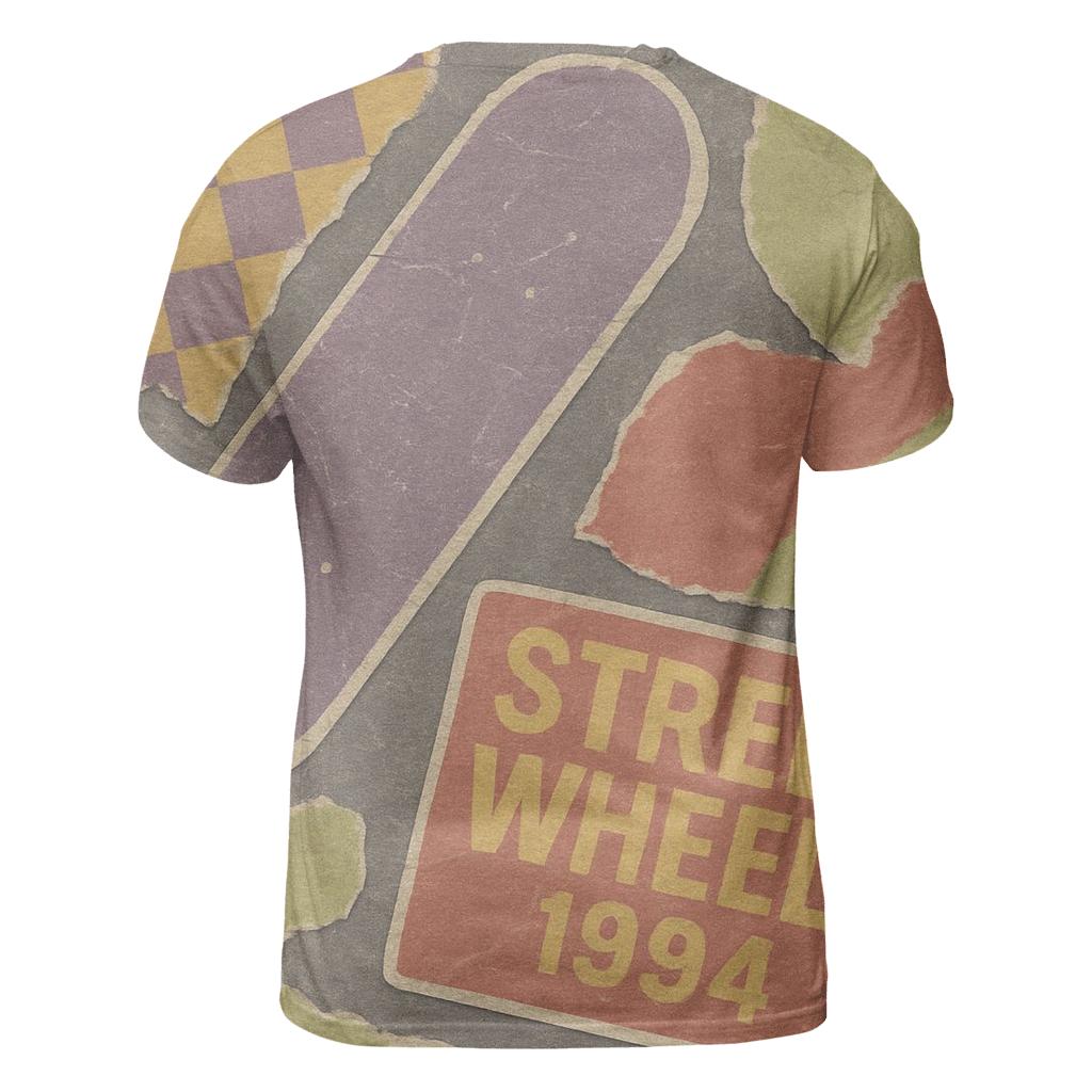 Distressed 1990s Skate Shop Sticker Collage statement graphic shirts