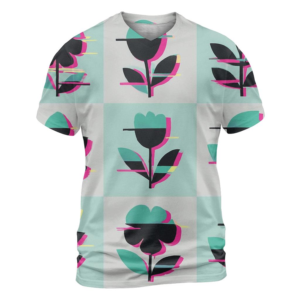 Retro Glitch Botanical Grid statement graphic shirts