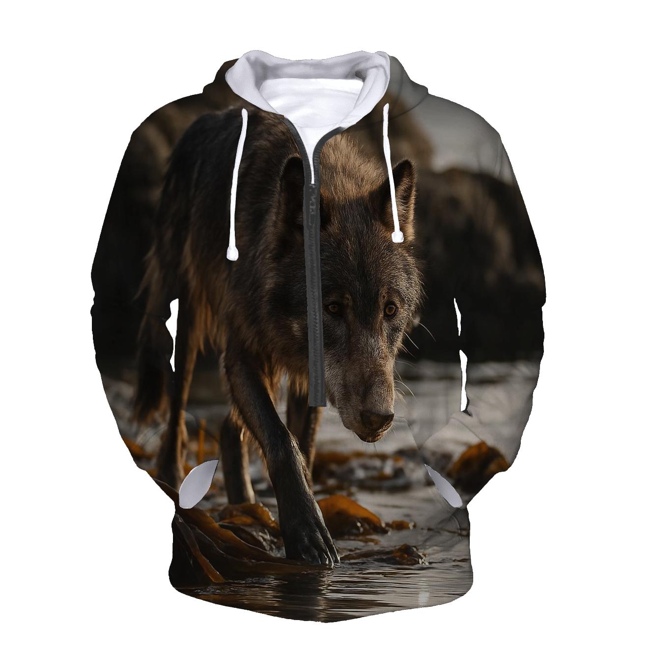 Coastal Wolf Foraging Among Kelp And Tide Pools zip-up hoodies