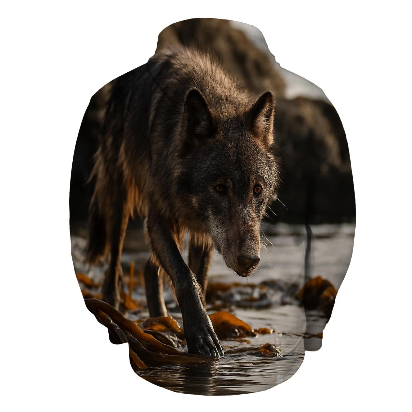 Coastal Wolf Foraging Among Kelp And Tide Pools zip-up hoodies