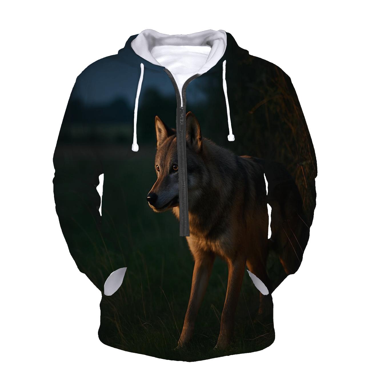 Wolf At The Edge Of Rewilded Farmland At Night custom hoodies