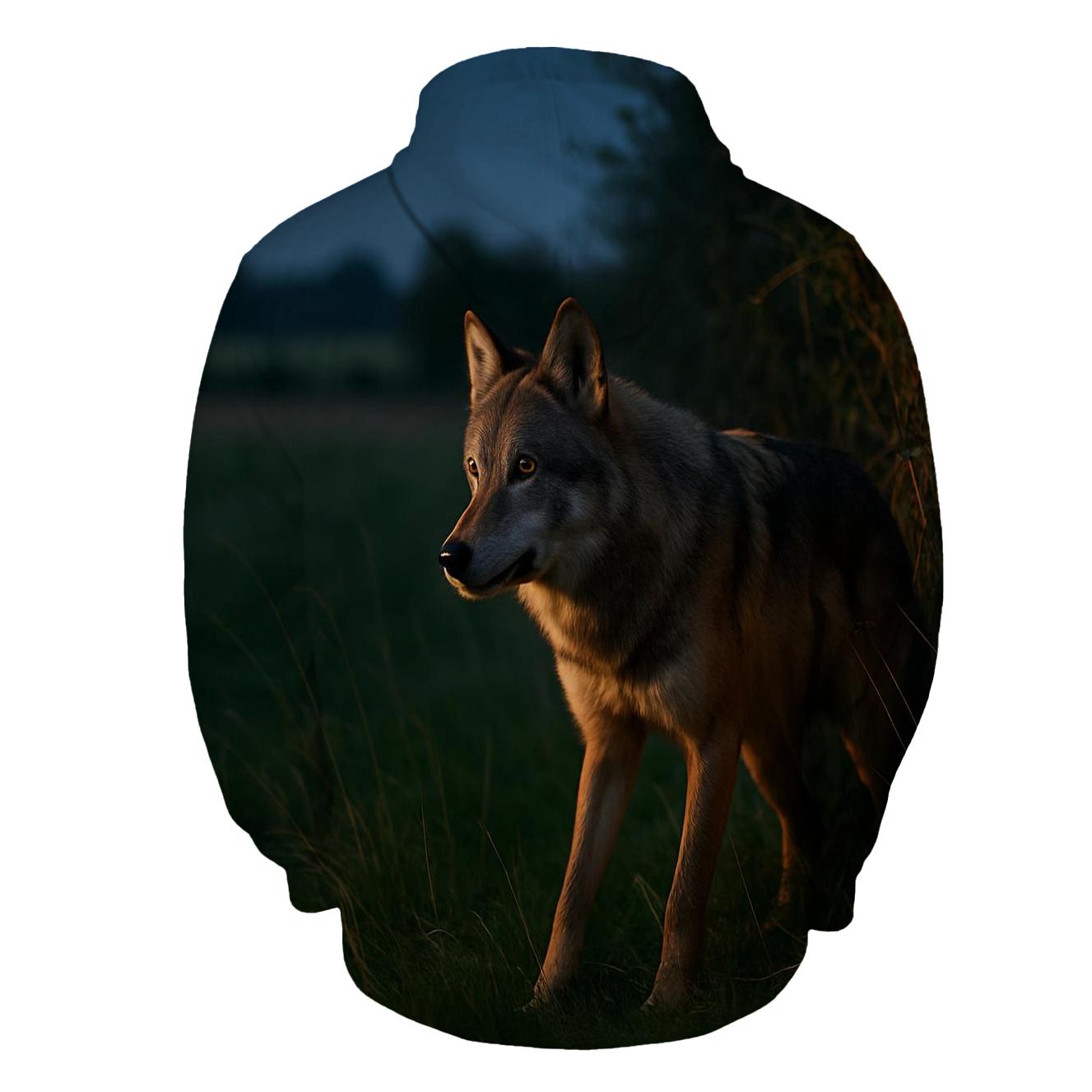 Wolf At The Edge Of Rewilded Farmland At Night custom hoodies