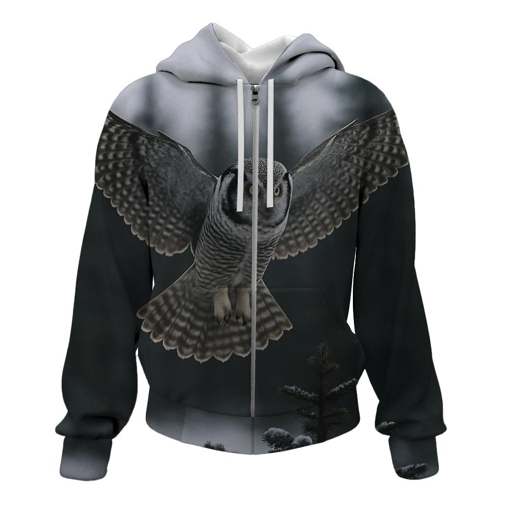 Boreal Hover Northern Hawk Owl zip-up hoodies