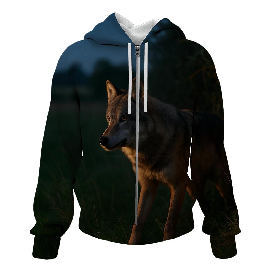 Wolf At The Edge Of Rewilded Farmland At Night hoodie designs