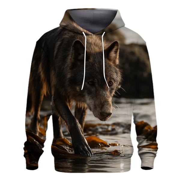 Coastal Wolf Foraging Among Kelp And Tide Pools printed hoodies
