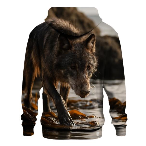 Coastal Wolf Foraging Among Kelp And Tide Pools printed hoodies