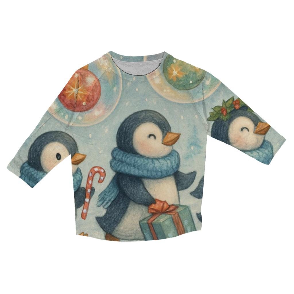 Penguin Parade In Ornament Bubbles printed three quarter sleeve shirts
