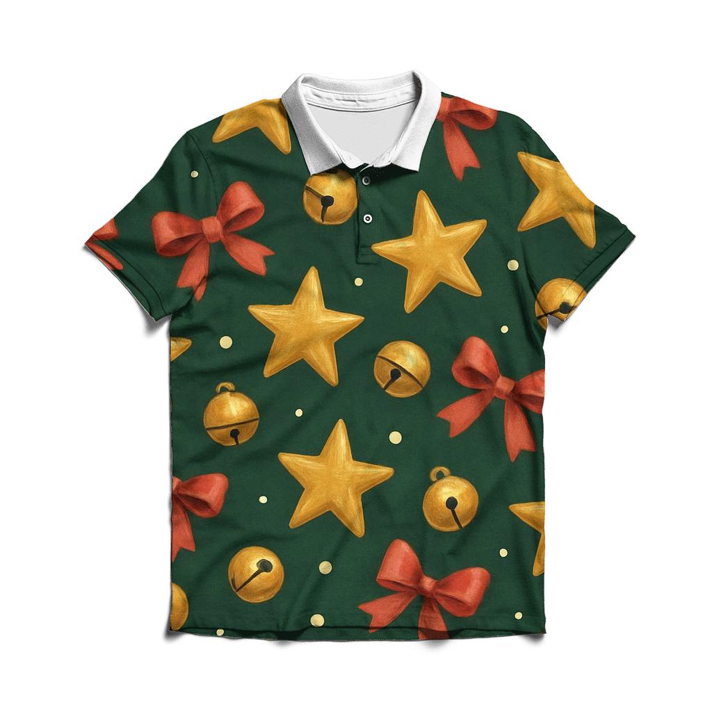 Gold Star And Bell Scatter On Deep Evergreen Background personalized polo shirts