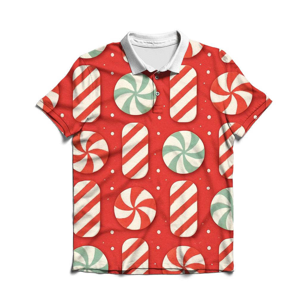 Candy Cane Stripe Grid With Snow Dot Texture On Peppermint Red Background custom polo shirts