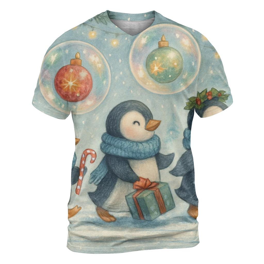 Penguin Parade In Ornament Bubbles vibrant all-over design tees