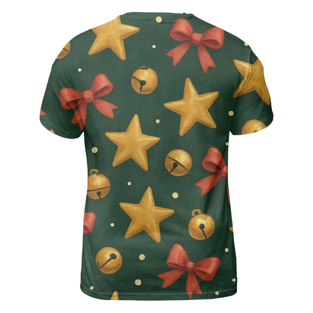 Gold Star And Bell Scatter On Deep Evergreen Background creative print fashion shirts