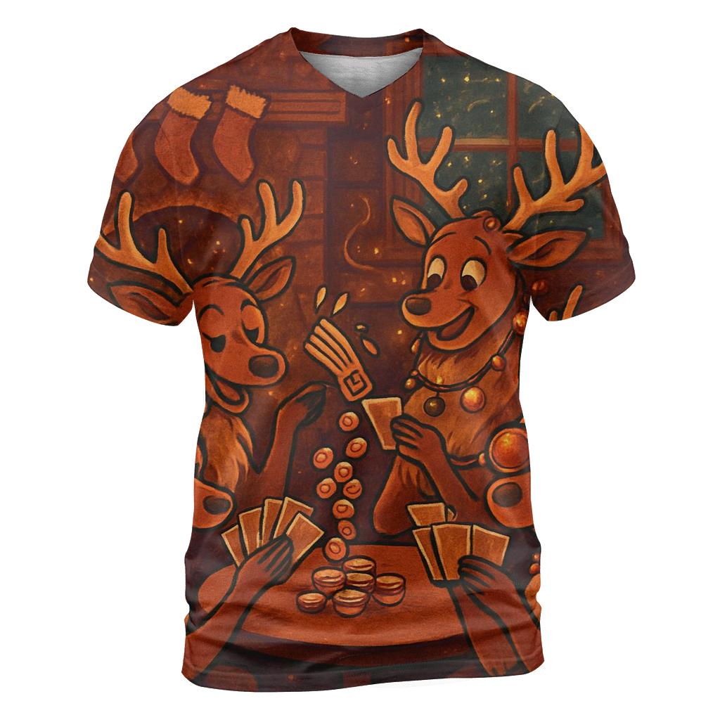 Reindeer Card Game Cabin Chaos vibrant all-over design tees