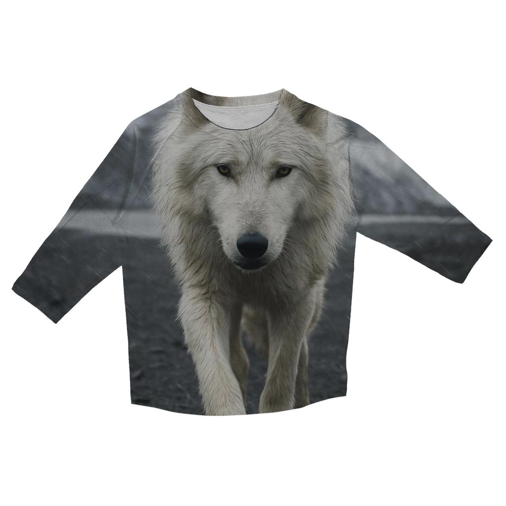 Arctic Wolf Crossing A Glacier Forefield In Wind Driven Sleet printed three quarter sleeve shirts
