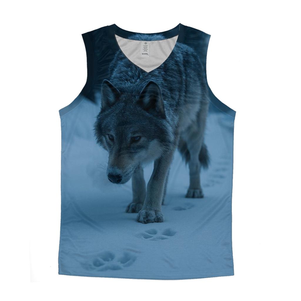 Lone Wolf On A Winter Roadcut Tracking Elk graphic print tank tops