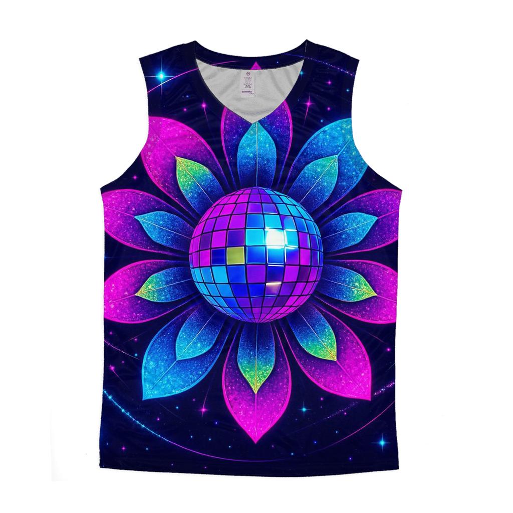 Neon Orbit Disco Bloom graphic print tank tops
