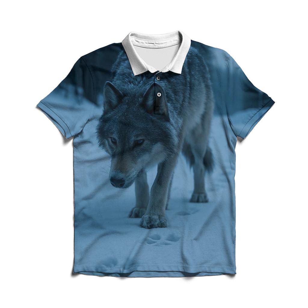 Lone Wolf On A Winter Roadcut Tracking Elk premium cotton polo shirts